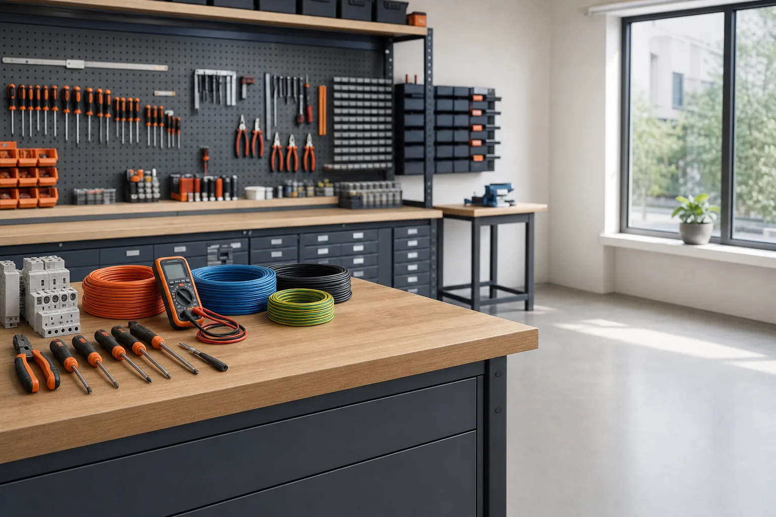 Atelier d'électricien rangé : établi, outils alignés et couronnes de câbles de couleur