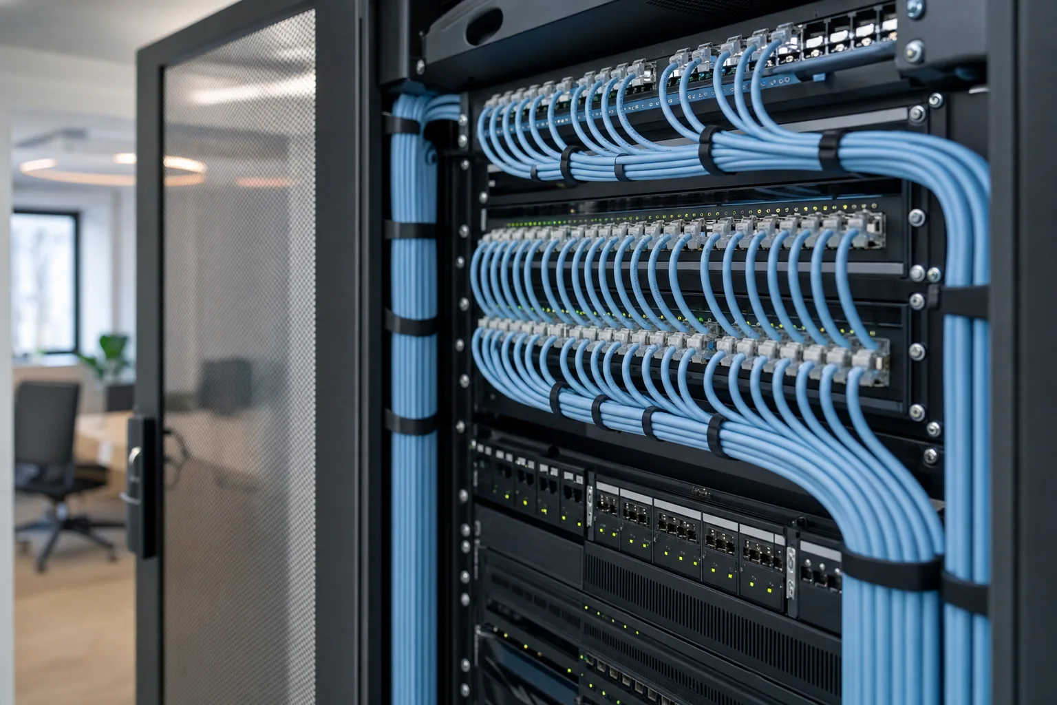 Baie de brassage informatique avec cordons réseau peignés et rangés