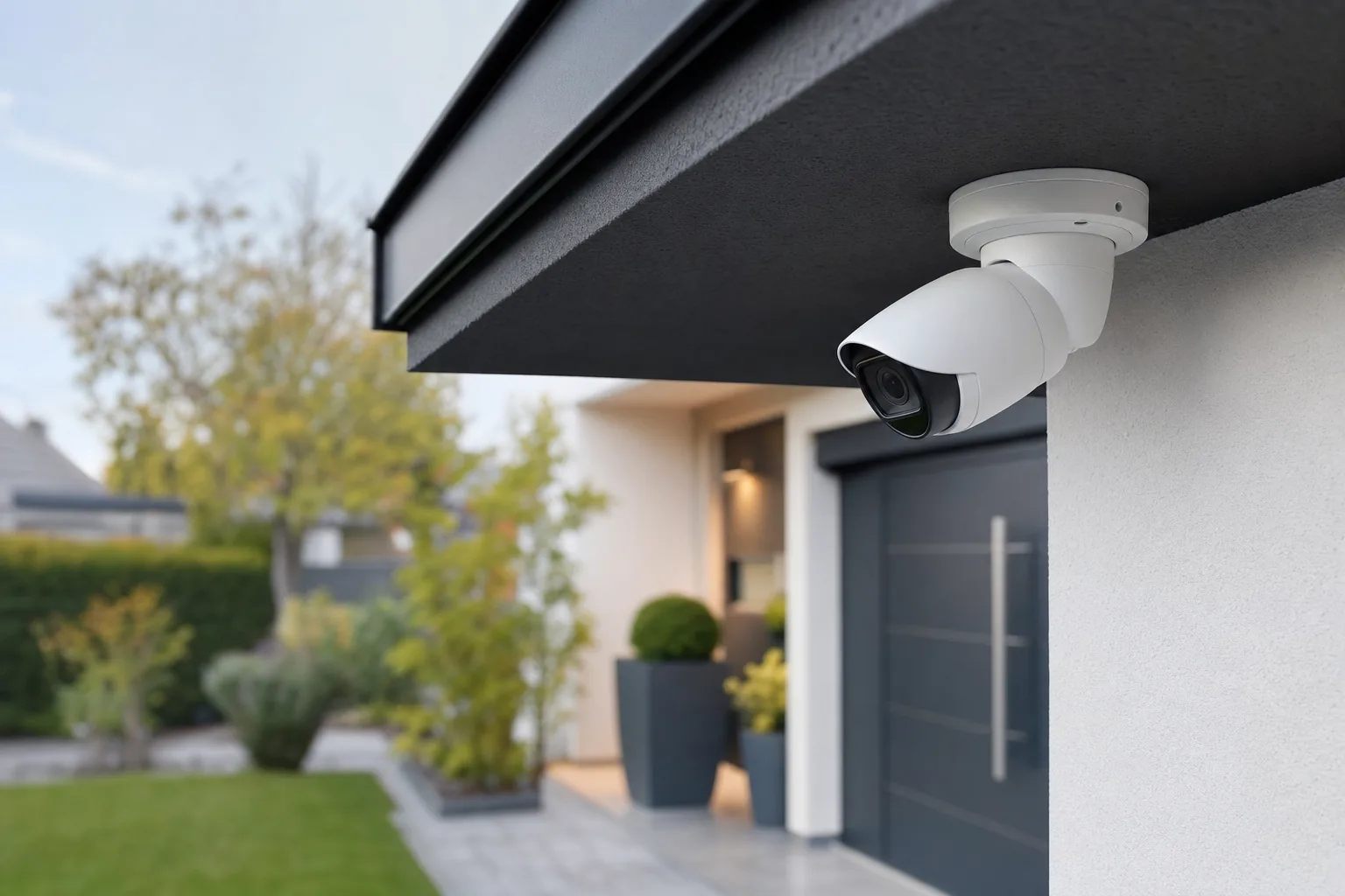Caméra de surveillance discrète installée sous le débord de toit d'une maison contemporaine