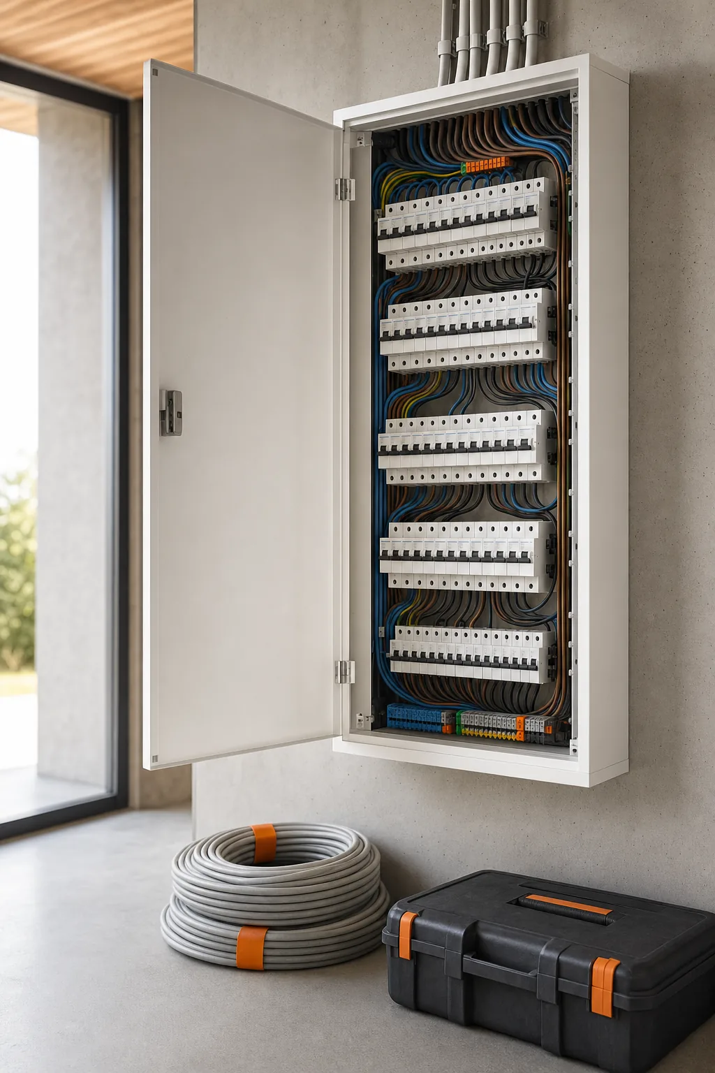 Tableau électrique moderne au câblage soigné, rouleau de câble et caisse à outils au sol