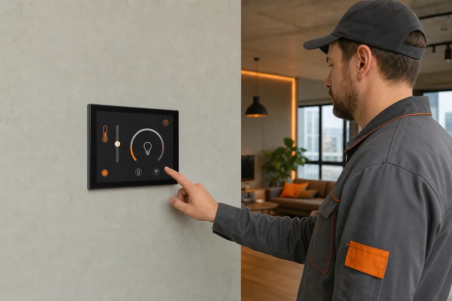 Écran de commande domotique fixé sur un mur d'intérieur